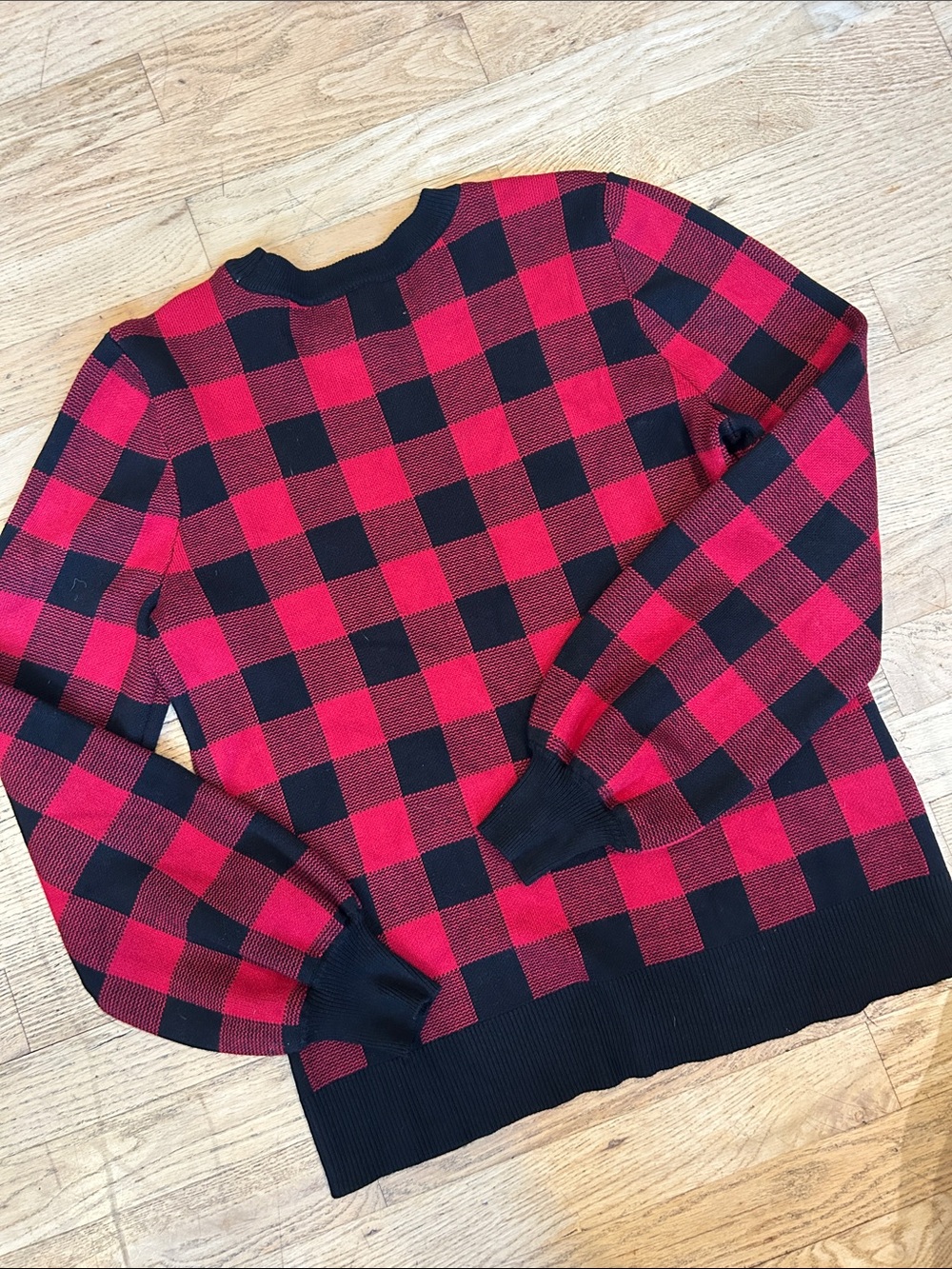 Plaid Crewneck Sweater in Red and Black - Casual Knit Top - Picture 5 of 7